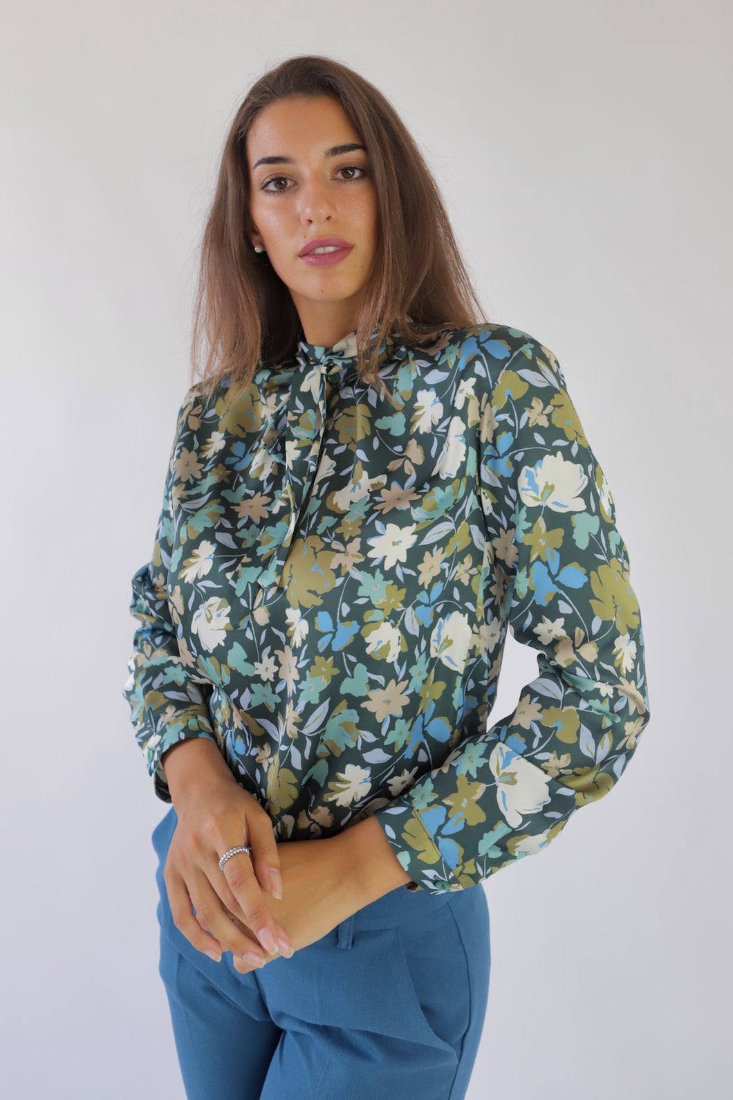 Neck Bow Flower Fantasy Teal Blouse