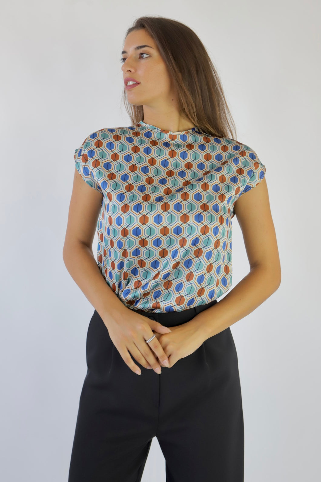 Short Sleeve Geometrical Fantasy Blouse