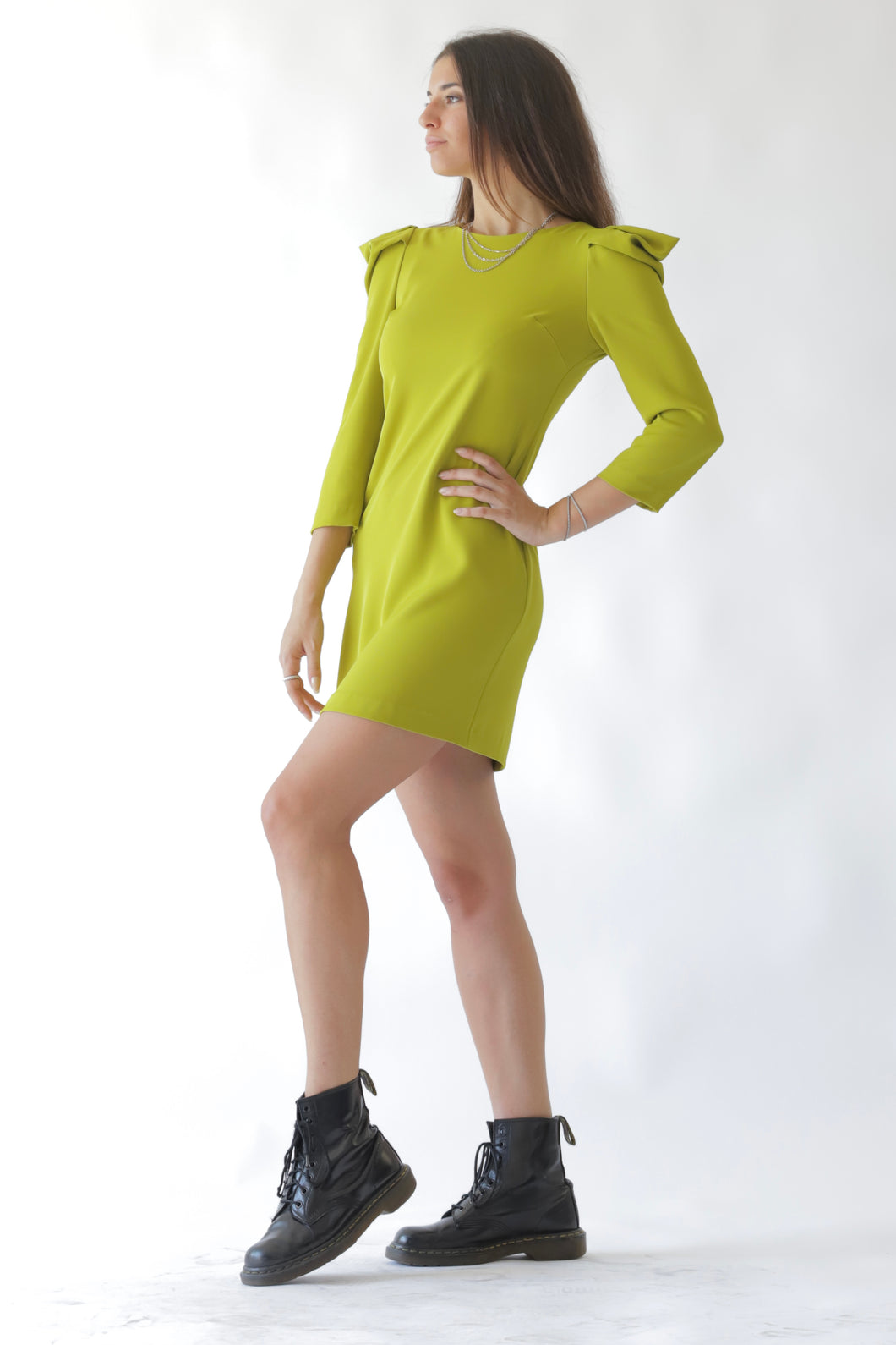 Padded Shoulder Gathered Dress Lime Green