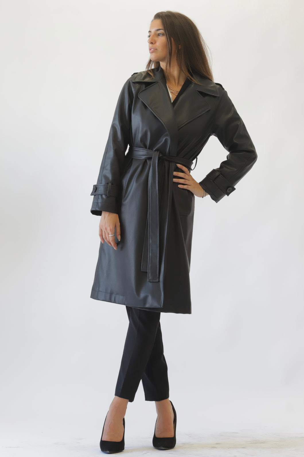 Faux Leather Trench Coat Black